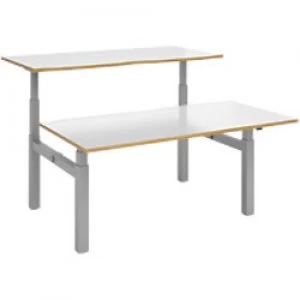 Elev8² Rectangular Sit Stand Back to Back Desk with White & Oak Coloured Melamine Top and Silver Frame 4 Legs Touch 1600 x 1650 x 675 - 1300 mm