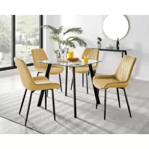 Furniturebox UK - Furniturebox Seattle Glass and Black Metal Leg Square Dining Modern Industrial Dining Table & 4 Mustard Pesaro Black Leg Velvet