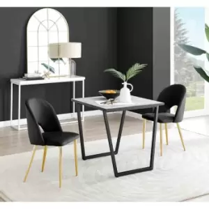 Furniture Box Carson White Marble Effect Square Dining Table and 2 Black Arlon Gold Leg Chairs