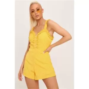 I Saw It First Yellow Ruffle Detail Polka Dot Playsuit - Yellow