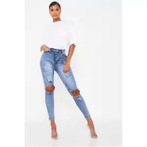 I Saw It First Indigo Blue High Waist Stretch Distressed Skinny Jeans - Blue