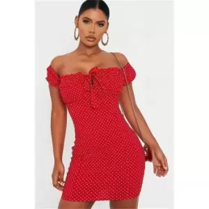 I Saw It First Red Polka Dot Bengaline Milk Maid Bodycon Dress - Red