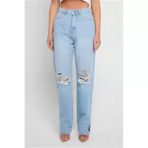 I Saw It First Light Wash Bust Knee Split Hem Jeans - Blue