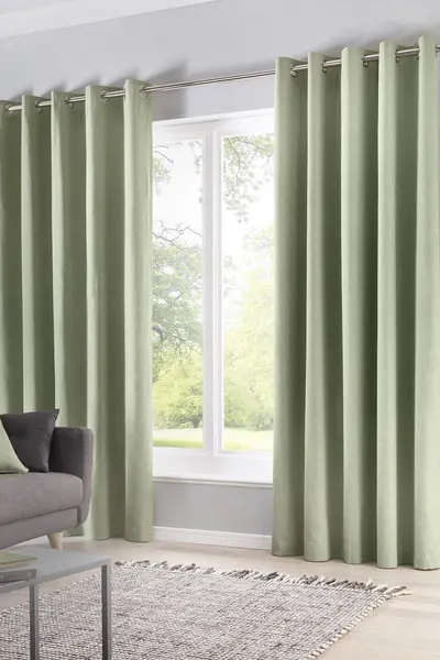 Fusion 'Sorbonne' 100% Cotton Light Filtering Plain Dyed Eyelet Curtains Green