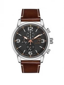 Citizen Eco-Drive Wr100 Grey And Silver Detail Chronograph Dial Brown Leather Strap Mens Watch