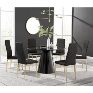 Furniturebox Palma Black Semi Gloss 120cm Round Minimalist Dining Table & 6 Black Milan Gold Leg Chairs