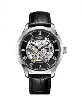 Rotary Rotary Black Skeleton Dial Black Leather Strap Watch