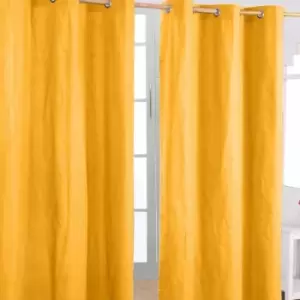 Homescapes - homecapes Cotton Plain Mustard Yellow Ready Made Eyelet Curtain Pair, 137 x 182cm - Yellow