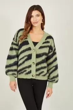 Green Zebra Intarsia Button Up Cardigan