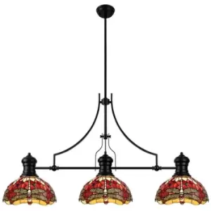 Luminosa Luiz, 3 Light Linear Ceiling Pendant E27 With 30cm Tiffany Shade, Matt Black, Purple, Pink, Crystal