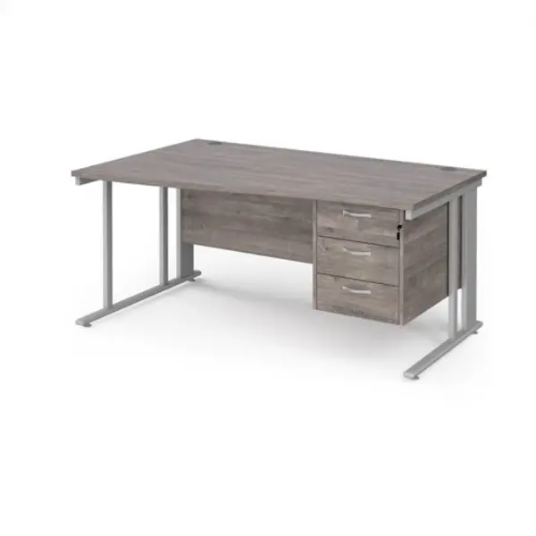 Maestro 25 left hand wave desk 1600mm wide with 3 drawer pedestal - silver cable managed leg frame, grey oak top