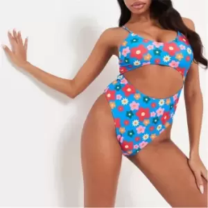 Missguided Floral Print High Leg Cut Out Swimsuit - Blue