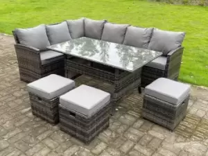 Fimous 6 Seater Outdoor Dark Grey Rattan Lounge Complete Sofa Set with Rectangular Dining Table and 3 Stools