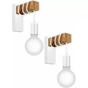 Loops - 2 pack LED Wall Light / Sconce White Plate & Wood Hangman Arm 1x 10W E27