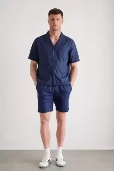 Navy Short Sleeve Linen Pocket Shirt