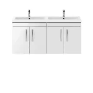 Nuie Athena 1200 Wall Hung 4-door Vanity & Ceramic Double Basin - Gloss White