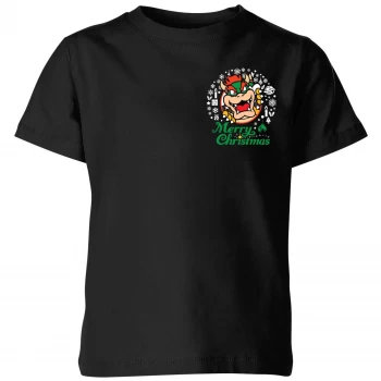 Nintendo Super Mario Bowser Merry Christmas Pocket Wreath Kid's Christmas T-Shirt - Black - 3-4 Years