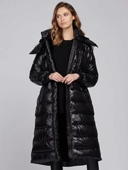 Barbour International Platinum Mercury Faux Fur Longline Quilted Coat - Black, Size 10, Women