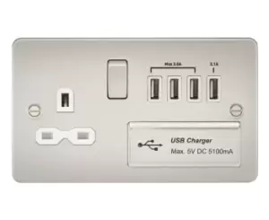 Knightsbridge Flat plate 13A switched socket with quad USB charger - pearl with white insert - FPR7USB4PLW