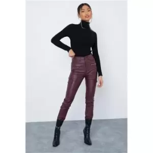 I Saw It First Burgundy Cargo Pocketed Coated Jeans - Red