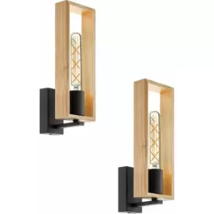 Loops - 2 pack LED Wall Light / Sconce Modern Black Steel & Wood Frame 1x 60W E27