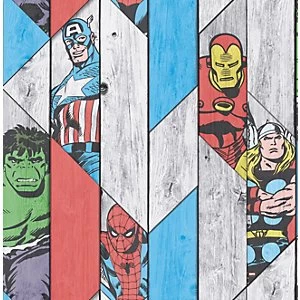 Marvel Superheroes Wood Panel Effect Multicoloured Decorative Wallpaper - 10m