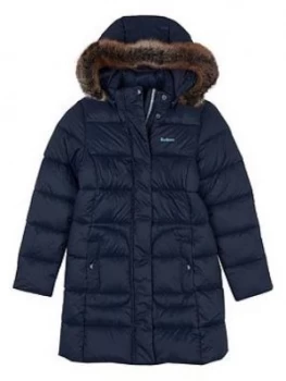 Barbour Girls Bridled Quilt Faux Fur Hooded Coat - Navy, Size 12-13 Years, Women