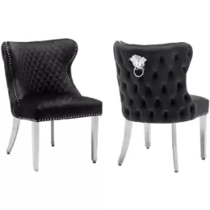 Neodirect - Neo 2x Black Mirrored Chrome Legs Velvet Dining Quilted Ring Knocker Armchair Chair