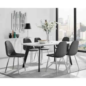 Furniturebox UK - Andria Black Leg Marble Effect Dining Table and 6 Black Corona Faux Leather Dining Chairs with Silver Legs Diamond Stitch - Black