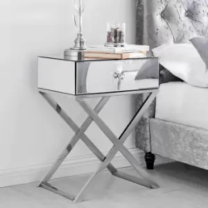 Furniture Box Celeste Mirrored Contemporary Stylish Bedside Table With 1 Drawer Chrome Legs