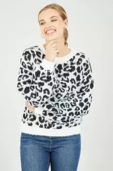 White Leopard Knitted Fluffy Jumper