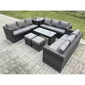 Fimous 8 Seater Outdoor Dark Grey Rattan Lounge Complete Sofa Set with Oblong Rectangular Coffee Table, Side Table and 2 Stools