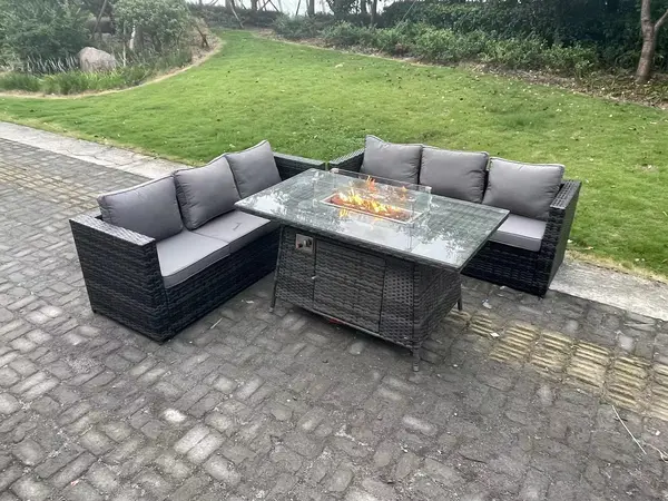 Fimous 6 Seater Outdoor Dark Grey Rattan Lounge Complete Sofa Set with Gas Firepit and Dining Table Heater