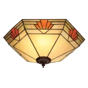 Nevada 2 Light Large Ceiling Flush Light Dark Bronze, Tiffany Glass, E27