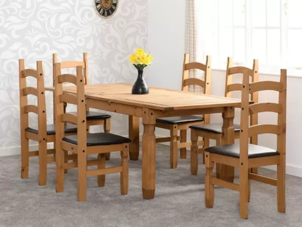 Seconique Corona Pine Extending Dining Table and 6 Brown Faux Leather Chairs