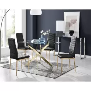 Furniturebox UK - Furniturebox Leonardo 4 Gold Leg Glass Dining Table and 4 Black Milan Velvet Dining Chairs With Gold Legs Diamond Stitch Modern