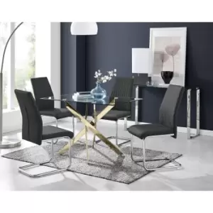 Furniturebox Leonardo 120cm Modern Glass And Gold Metal Leg Dining Table And 4 Black Lorenzo Faux Leather Silver Chrome Leg Dining Chairs