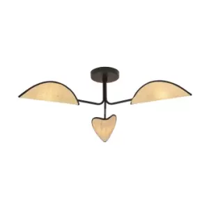 Emibig Gomez Black Rattan Design Multi Arm Semi Flush Ceiling light with Brown Fabric Shades, 3x E14