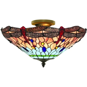 Searchlight Lighting - Searchlight Dragonfly - 3 Light Semi Flush Ceiling Light Antique Brass, Tiffany Glass, Red, Blue, E14