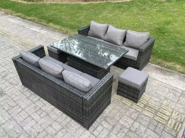 Fimous 6 Seater Outdoor Dark Grey Rattan Lounge Complete Sofa Set with Adjustable Dining Table and Stool