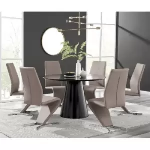 Furniturebox Palma Black Semi Gloss 120cm Round Minimalist Dining Table & 6 Cappuccino Willow Chairs