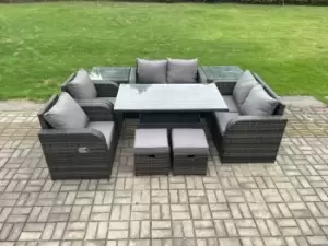 Fimous 6 Seater Outdoor Dark Grey Rattan Lounge Complete Sofa Set with Height Adjustable Rising Lifting Table and 2 Side Table Stools