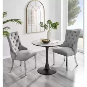 Furniturebox Elina White Marble Effect Modern 80cm Round Dining Table & 2 Grey Belgravia Velvet Chairs