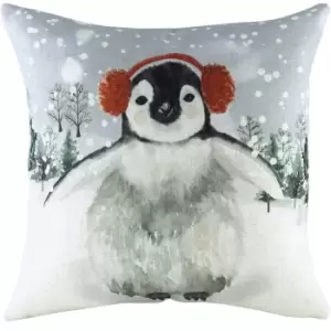 Evans Lichfield Snowy Penguin With Earmuffs Cushion Cover (One Size) (Multicoloured)