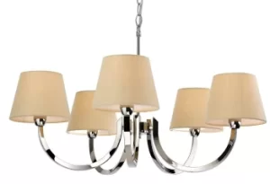 Fairmont 5 Light Multi Arm Chandelier Polished Stainless Steel, Cream Linen Shade, E14