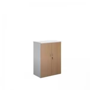 Duo double door cupboard 1090mm high with 2 shelves - white with beech