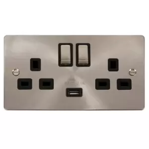 Click Scolmore Define Brushed Steel 2 Gang USB Outlet Switch 13A With Black Ingot - FPBS570BK