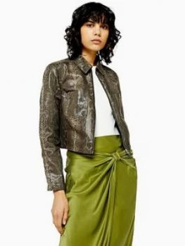 Topshop Snake Print Cropped Jacket - Green, Size 6, Women