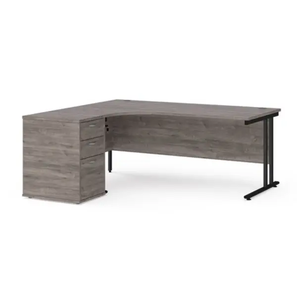 Maestro 25 left hand ergonomic desk 1800mm with Black cantilever frame and desk high pedestal - grey oak