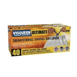 Visqueen Ultimate Drawstring Swing Bin Liner 50 Litre White Pack of 40